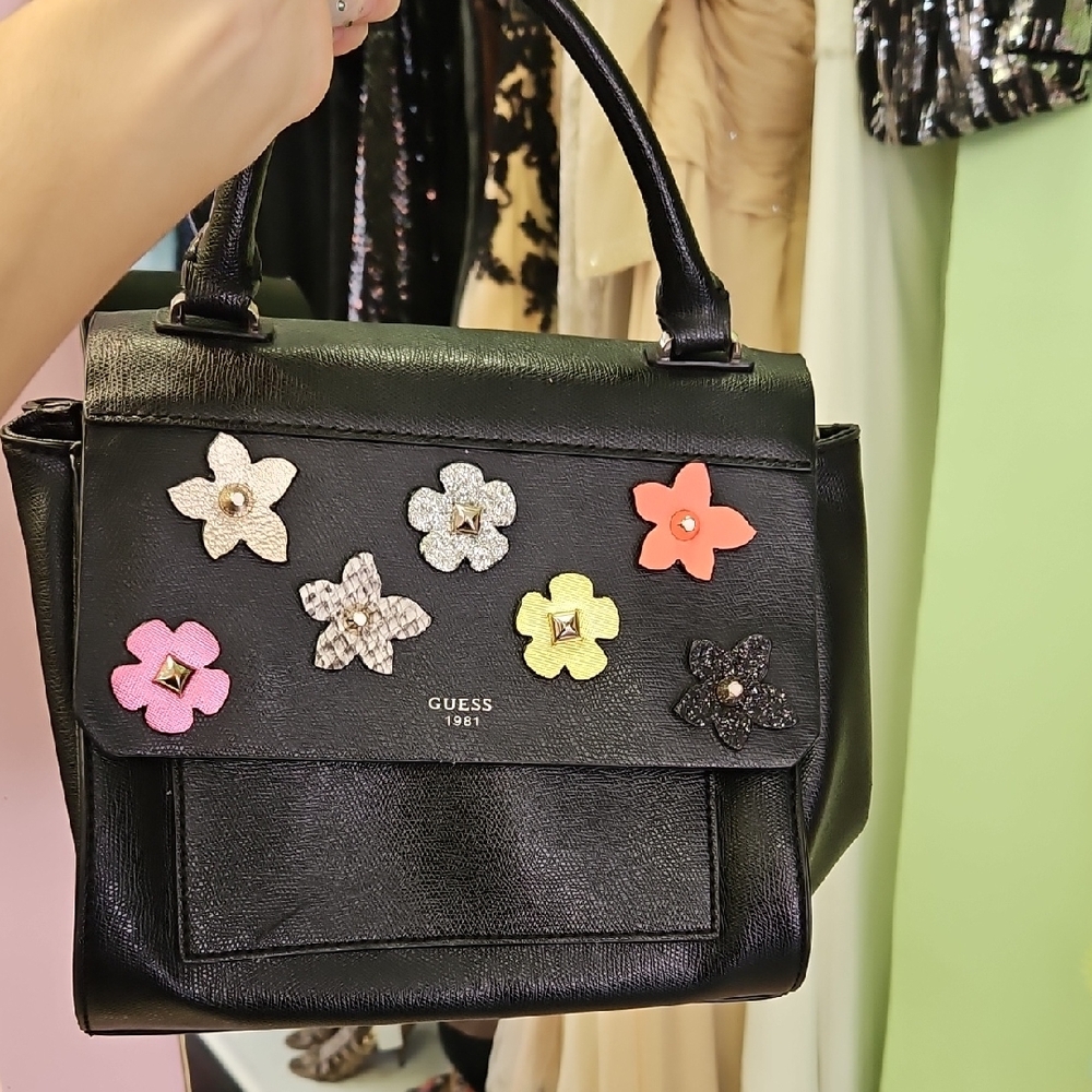 Guess Black Purse with Flowers